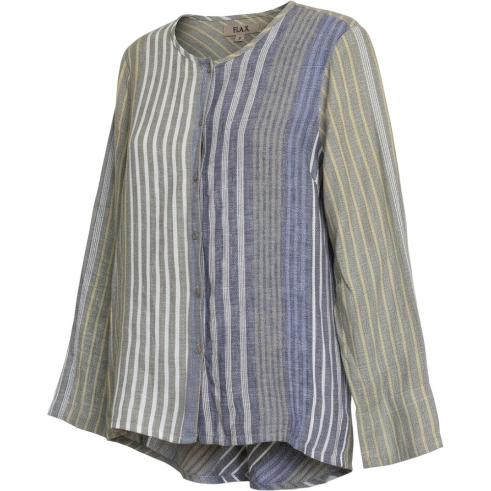 FLAX Womens M Linen Striped Button Up Shirt Long Sleeve Lagenlook Blue Green Top